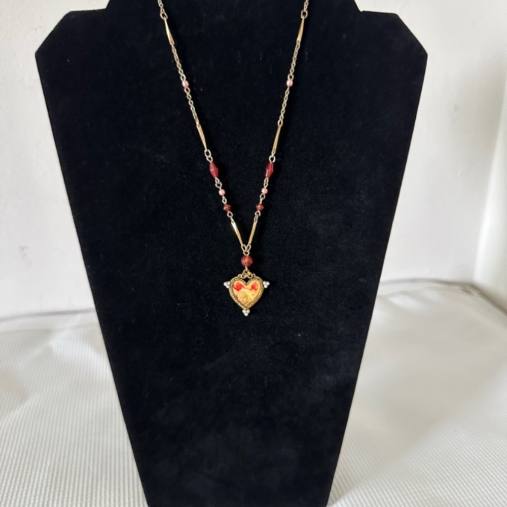 Gold Heart Pendant Necklace with Red Accents